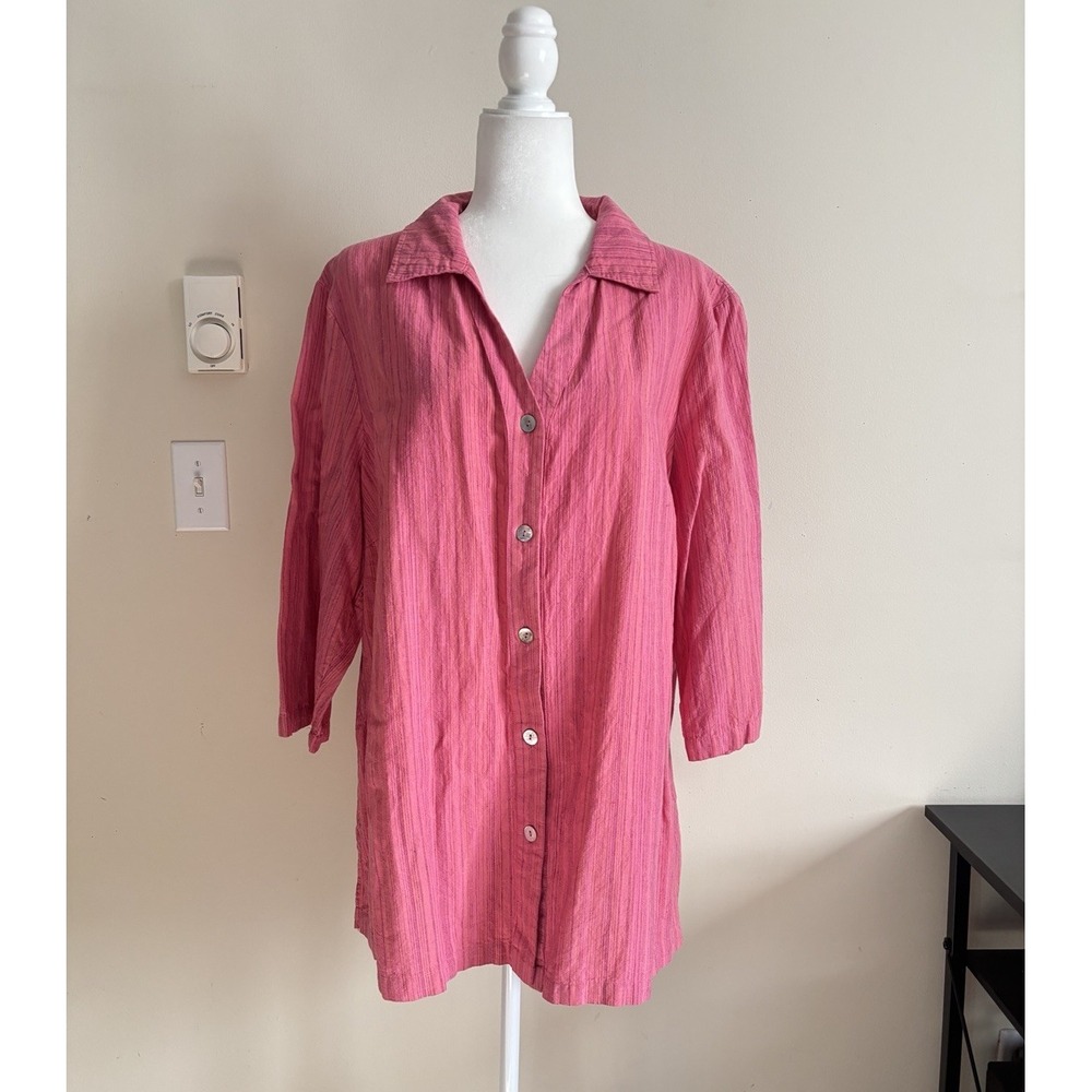 NWT Hot Cotton Womens Plus Size 1X Button Up Shirt Pink Stripes Beach Coastal